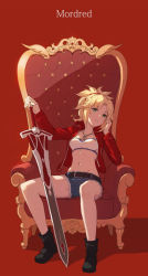 Rule 34 | 1girl, bandeau, belt, blonde hair, boots, chair, character name, clarent (fate), denim, denim shorts, fate/grand order, fate (series), green eyes, groin, jacket, jewelry, mordred (fate), mordred (fate/apocrypha), mordred (memories at trifas) (fate), navel, necklace, ponytail, red background, red jacket, shorts, solo, vococo