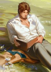 Rule 34 | 1boy, belmond banderas, black pants, blue flower, book, brown hair, closed mouth, collared shirt, commentary request, day, dress shirt, closed eyes, facial hair, feet out of frame, flower, henrryxv, highres, holding, holding book, knee up, large pectorals, pectoral cleavage, male focus, nijisanji, on grass, open book, outdoors, pants, pectorals, shirt, solo, stubble, virtual youtuber, white flower, white shirt
