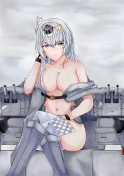 Rule 34 | 1girl, absurdres, black gloves, breasts, chou-10cm-hou-chan (fuyutsuki&#039;s), clothes writing, convenient leg, crossed legs, fuyutsuki (kancolle), gloves, grey eyes, grey hair, grey shawl, grey thighhighs, hachimaki, half gloves, headband, highres, kantai collection, large breasts, long hair, naked shawl, navel, one side up, rigging, rukialice, shawl, silver legwear, solo, thighhighs, very long hair, white headband