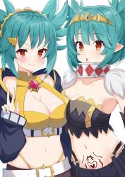 Rule 34 | 2girls, absurdres, belt, black wings, blue hair, blush, breasts, cleavage, collar, commentary, dual persona, english commentary, feathers, green hair, harpy, highleg, highleg panties, highres, hzhc, indie virtual youtuber, large breasts, lincoro, medium breasts, midriff, monster girl, multiple girls, navel, open mouth, panties, pointy ears, red eyes, second-party source, short hair, short twintails, simple background, stomach tattoo, tattoo, tiara, twintails, underwear, v, virtual youtuber, white background, winged arms, wings