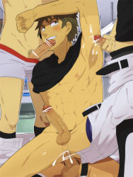 Rule 34 | 4boys, abs, anal, armpit sex, armpits, baseball, baseball uniform, battikoi, blush, briefs, brown eyes, brown hair, censored, clenched hand, clothes lift, clothes pull, cum, cum in ass, erection, grimace, group sex, highres, hihumi, male focus, male penetrated, male underwear, multiple boys, muscular, oral, pants, pants around one leg, pants pull, penis, pointless censoring, shirt lift, short hair, sportswear, testicles, underwear, undressing, yaoi
