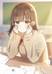 Rule 34 | 1girl, beige cardigan, blurry, blush, book, bow, bowtie, breasts, brown eyes, brown hair, cardigan, chair, chalkboard, closed mouth, collared shirt, commentary request, day, eraser, hands on own cheeks, hands on own face, hands up, head rest, highres, indoors, looking at viewer, medium hair, necojishi, open book, original, paper, pen, red bow, shirt, sleeves past wrists, small breasts, solo, sunlight, table, uniform, upper body, white shirt