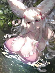 Rule 34 | 1girl, animal ear fluff, animal ears, bare shoulders, bikini, breasts, collarbone, commentary request, day, eyes visible through hair, fox ears, frilled bikini, frills, hair between eyes, hair ornament, head tilt, highres, large breasts, long hair, looking at viewer, original, outdoors, parted lips, partially submerged, pink bikini, red eyes, solo, swimsuit, water, white hair, yuuji (yukimimi)