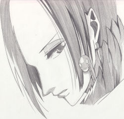 Rule 34 | 1girl, absurdres, boa hancock, earrings, female focus, graphite (medium), highres, jewelry, long hair, monochrome, one piece, profile, solo, traditional media