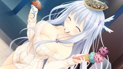 Rule 34 | 1girl, breasts, cleavage, dutch angle, closed eyes, food, food on face, food on head, game cg, hair ornament, highres, holding, holding food, ice cream, large breasts, long hair, makita maki, naked sweater, noah (sorcery jokers), object on head, silver hair, smile, solo, sorcery jokers, sweater