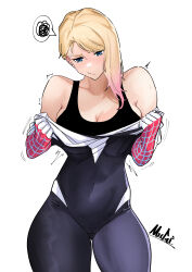 Rule 34 | 1girl, absurdres, animification, blonde hair, blue eyes, bodysuit, bodysuit pull, breasts, gradient hair, grey sports bra, gwen stacy, highres, large breasts, long hair, marvel, mugi (mugit49), multicolored bodysuit, multicolored clothes, multicolored hair, pink hair, pulling own clothes, spider-gwen, spider-man: into the spider-verse, spider-man (series), spider-verse, spider web print, spoken squiggle, sports bra, squiggle, superhero costume, two-tone bodysuit, undressing, white background