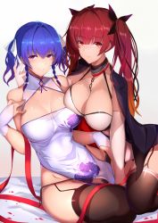 Rule 34 | 2girls, ahoge, azur lane, bare shoulders, black panties, blue hair, blush, breast press, breasts, china dress, chinese clothes, choker, cleavage, commentary request, dress, floral print, garter straps, gloves, hair ribbon, honolulu (azur lane), jacket, jacket on shoulders, kameponde, large breasts, long hair, looking at viewer, multiple girls, panties, pelvic curtain, purple eyes, red eyes, red hair, ribbon, shiny skin, simple background, sitting, smile, st. louis (azur lane), st. louis (blue and white pottery) (azur lane), thighhighs, twintails, underwear, white background, white gloves