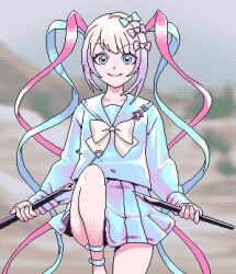Rule 34 | blue bow, blue eyes, bow, breaking, chouzetsusaikawa tenshi-chan, collarbone, dithering, eencya, ethernet cable, grey hair, hair bow, holographic clothing, large bow, looking at viewer, multicolored nails, multiple hair bows, needy girl overdose, pin, pink bow, pleated skirt, purple bow, quad tails, skirt, smile, standing, standing on one leg, yellow bow