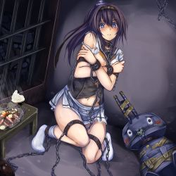 Rule 34 | 10s, 1girl, abyssal ship, akizuki (kancolle), ball and chain restraint, ball gag, bars, bdsm, blue eyes, bondage, bound, chain, chained, chopsticks, chou-10cm-hou-chan, collar, covering privates, covering breasts, crossed arms, cuffs, drooling, fish, food, fruit, gag, gagged, highres, kantai collection, kneehighs, lemon, looking at viewer, monikano, mushroom, navel, prison cell, purple hair, restrained, rice, sauce, school uniform, serafuku, skirt, socks, steam, sweat, tape, tape bondage, tongue, torn clothes, wiffle gag, wrist cuffs
