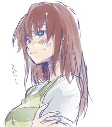 Rule 34 | 10s, 1girl, bad id, bad pixiv id, blue eyes, blush, bukiyama, canon memphis, crossed arms, frown, long hair, red hair, shirt, short sleeves, sketch, solo, soukyuu no fafner, striped clothes, striped shirt, sweatdrop, translation request