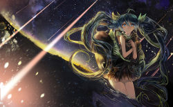 Rule 34 | 1girl, absurdly long hair, ahoge, dress, floating hair, green eyes, green hair, hatsune miku, long hair, matching hair/eyes, night, sky, solo, star (sky), starry sky, twintails, very long hair, vima, vocaloid, wading