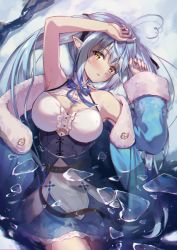 Rule 34 | 1girl, ahoge, arm out of sleeve, arm up, bare shoulders, belt, blue dress, blue hair, blue jacket, blue nails, blue ribbon, blue theme, blush, breasts, bust cup, center frills, cleavage, corset, cowboy shot, dress, elf, frills, fur-trimmed jacket, fur-trimmed sleeves, fur trim, hand up, head tilt, heart, heart ahoge, hololive, ice, jacket, large breasts, leather belt, long hair, long sleeves, looking at viewer, lying, nail polish, on back, ouka (ra-raradan), partially submerged, pointy ears, ribbon, sidelocks, sleeveless, sleeveless dress, snow, solo, two-tone dress, very long hair, virtual youtuber, water, white dress, yellow eyes, yukihana lamy