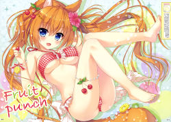 Rule 34 | 1girl, absurdres, ameto yuki, animal ears, bandeau, barefoot, bikini, blue eyes, blush, breasts, cat ears, cat tail, cherry, feet, fingernails, flower, food, fruit, full body, hair flower, hair ornament, hibiscus, highres, holding, large breasts, legs, long hair, looking at viewer, nail polish, ookami-san (ameto yuki), open mouth, orange hair, original, page number, plaid, plaid bikini, scan, simple background, smile, solo, swimsuit, tail, thigh strap, toenail polish, toenails, toes, twintails