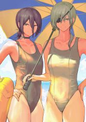 Rule 34 | 2girls, 900p, absurdres, alternate costume, black choker, black hair, breasts, chainsaw man, choker, covered navel, cowboy shot, eyepatch, green eyes, hair between eyes, hand on own hip, highres, holding, holding umbrella, innertube, looking at viewer, multiple girls, one-piece swimsuit, purple hair, quanxi (chainsaw man), reze (chainsaw man), short hair, smile, swim ring, swimsuit, umbrella