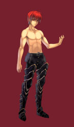 Rule 34 | 1boy, armor, coffee cat, full body, mabinogi, male focus, red eyes, red hair, ruairi, simple background, solo, topless male