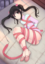 Rule 34 | 1girl, arms behind back, athletic leotard, bare legs, bdsm, black hair, bondage, bound, breasts, brown eyes, coupe50, gym storeroom, gymnastics, gymnastics ribbon, hair bobbles, hair ornament, half-soles, indoors, leotard, long hair, looking at viewer, photokano, pink leotard, red ribbon, rhythmic gymnastics, ribbon, ribbon baton, ribbon bondage, sakura mai (photokano), small breasts, solo, sweatdrop, twintails