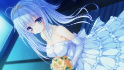 Rule 34 | 1girl, bare shoulders, blush, bouquet, breasts, bride, cleavage, collarbone, dress, dutch angle, elbow gloves, flower, game cg, gloves, green eyes, highres, jewelry, kururu (world election), long hair, looking at viewer, mikagami mamizu, necklace, no bra, pearl necklace, silver hair, smile, solo, tiara, wedding dress, world election