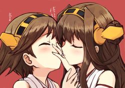 Rule 34 | 10s, 2girls, absurdres, bad id, bad pixiv id, bare shoulders, brown hair, closed eyes, covering own mouth, detached sleeves, engiyoshi, hairband, hiei (kancolle), highres, imminent kiss, japanese clothes, jewelry, kantai collection, kiss on hand, kissing hand, kongou (kancolle), long hair, multiple girls, object kiss, personification, ring, short hair, tears, wedding band