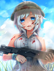 Rule 34 | .live, 1girl, antenna hair, ayamori mimi, bare shoulders, blood, blood in hair, blood on clothes, blood on face, blue eyes, breasts, collared shirt, day, grass, hair through headwear, helmet, highres, holding, holding weapon, large breasts, lens flare, light rays, looking at viewer, open mouth, outdoors, scrunchie, shirt, short hair, dennou shoujo siro, sky, sleeveless, smile, solo, upper body, virtual youtuber, weapon, white hair, wrist scrunchie