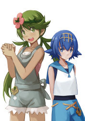 Rule 34 | 2girls, :d, arms behind back, bare arms, bare shoulders, blue hair, blue sailor collar, blue shorts, blush, collarbone, cowboy shot, creatures (company), cutoffs, dark-skinned female, dark skin, expressionless, flower, game freak, green eyes, green hair, hair flower, hair ornament, headband, height difference, highres, lana (pokemon), long hair, looking at viewer, low twintails, mallow (pokemon), multiple girls, nintendo, open mouth, overall shorts, overalls, own hands together, pokemon, pokemon sm, redpoke, round teeth, sailor collar, shirt, short hair, shorts, simple background, sleeveless, sleeveless shirt, smile, standing, swept bangs, swimsuit, swimsuit under clothes, tareme, teeth, twintails, white background, white shirt