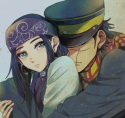 Rule 34 | 1boy, 1girl, ainu, ainu clothes, asirpa, bandana, black hair, blue bandana, blue eyes, blue headwear, blush, closed mouth, commentary request, couple, covered eyes, ear piercing, earrings, facial scar, from side, golden kamuy, grey background, hat, hoop earrings, hug, hug from behind, imperial japanese army, jewelry, kepi, kurobuta (pachiko), lips, long hair, long sleeves, looking at viewer, military, military hat, military uniform, piercing, scar, scar on cheek, scar on face, scar on mouth, scarf, short hair, simple background, star (symbol), sugimoto saichi, two-tone headwear, uniform, upper body, yellow headwear, yellow scarf
