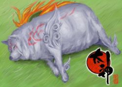 Rule 34 | amaterasu (ookami), animal, animal focus, character name, dog, fat, field, fire, grass, lying, meme, no humans, non-web source, obese, on side, ookami (game), parody, pun, solo, wolf
