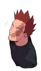Rule 34 | 1boy, absurdres, artist request, bad id, bad pixiv id, bara, beard, black shirt, boku no hero academia, endeavor (boku no hero academia), facial hair, from above, highres, large pectorals, looking at viewer, male focus, mature male, muscular, muscular male, pectorals, red hair, scar, scar across eye, scar on face, shirt, short hair, sideburns, solo, spiked hair, stubble, surprised