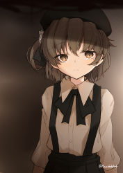 Rule 34 | 1girl, bad id, bad pixiv id, beret, black bow, black hat, black ribbon, black skirt, blush, bow, brown background, brown eyes, brown hair, closed mouth, collared shirt, commentary request, flower, hair between eyes, hair flower, hair ornament, hair ribbon, hat, hatoba tsugu, long sleeves, looking at viewer, macchiato (jae-min cho), mole, mole under eye, pleated skirt, ribbon, rose, shirt, sidelocks, skirt, solo, suspender skirt, suspenders, twitter username, virtual youtuber, white flower, white rose, white shirt