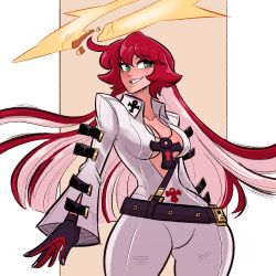 Rule 34 | 1girl, absurdres, ankh, ankh necklace, belt, black gloves, bodysuit, breasts, broken halo, collarbone, spiked halo, gloves, green eyes, guilty gear, guilty gear strive, halo, highres, jack-o&#039; valentine, long hair, multicolored hair, red hair, scruffyturtles, solo, white hair