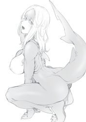 Rule 34 | 1girl, ass, barefoot, breasts, colored skin, fins, fish tail, from side, gills, greyscale, highres, large breasts, long hair, monochrome, monster girl, multicolored skin, nakamura regura, nipples, nude, open mouth, original, shark girl, shark tail, sharp teeth, sharp toenails, simple background, solo, squatting, tail, teeth, tiptoes, toenails, white background