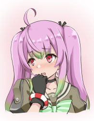 Rule 34 | 1girl, black choker, black gloves, black ribbon, blush, choker, commentary, cropped shoulders, gloves, gradient hair, green hair, hair between eyes, hair ribbon, kantai collection, kodama (mmt uf), long hair, momo (kancolle), multicolored hair, nose blush, pink hair, portrait, red eyes, ribbon, sailor collar, school uniform, serafuku, simple background, solo, symbol-only commentary, twintails