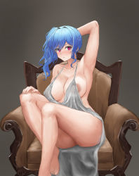 Rule 34 | 1girl, areola slip, arm behind head, armpits, azur lane, backless dress, backless outfit, bare shoulders, blue hair, blush, breasts, chai shiliu, chair, cleavage, dress, evening gown, grey dress, hair between eyes, halter dress, halterneck, large breasts, plunging neckline, red eyes, revealing clothes, side ponytail, sidelocks, silver dress, sitting, st. louis (azur lane), st. louis (luxurious wheels) (azur lane), thighs