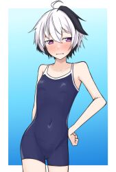 Rule 34 | 1girl, ahoge, androgynous, black hair, blue background, blue one-piece swimsuit, blush, border, breasts, collarbone, covered navel, embarrassed, flower (vocaloid), flower (vocaloid4), gradient background, hand on own hip, highres, looking to the side, multicolored background, multicolored hair, one-piece swimsuit, open mouth, sena kizahashi, short hair, small breasts, solo, streaked hair, swimsuit, tomboy, vocaloid, white background, white border, white hair