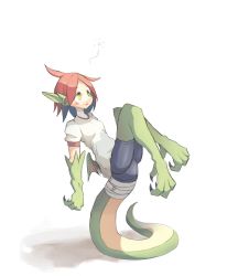 Rule 34 | 1girl, 4138, bike shorts, dragon girl, female focus, full body, highres, monster girl, original, short hair, simple background, solo, tail, tail stand, white background, wings, yellow eyes