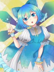 Rule 34 | 1girl, blue eyes, blue hair, bow, cirno, d:, dress, embellished costume, hair between eyes, hair bow, hand up, ice, ice wings, index finger raised, open mouth, puffy sleeves, short hair, short sleeves, simple background, solo, touhou, utagi 0216, wings, wrist cuffs, yellow background