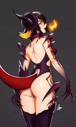 Rule 34 | 1girl, absurdres, animal hands, arms at sides, ass, back, black dragon girl (distr), black hair, blonde hair, blush, breasts, breath weapon, breathing fire, colored extremities, curled horns, distr, fangs, fire, from behind, gradient skin, grey background, highres, horns, legs together, leotard, medium breasts, monster girl, multicolored hair, open mouth, orange eyes, original, purple leotard, purple thighhighs, sideways glance, simple background, solo, standing, tail, thighhighs, two-tone hair