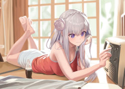 Rule 34 | 1girl, absurdres, alternate costume, bare shoulders, barefoot, blouse, blurry, braid, breasts, cleavage, closed mouth, coca-cola, commentary request, depth of field, emilia (re:zero), feet up, flower, grey flower, grey hair, hair flower, hair ornament, highres, holding, holding own hair, indoors, large breasts, long hair, low ponytail, lying, manda (luts7602), on stomach, purple eyes, radio, re:zero kara hajimeru isekai seikatsu, red shirt, shirt, shorts, smile, solo, striped clothes, striped shirt, white shorts