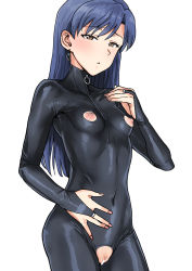 Rule 34 | 1girl, :o, bar censor, black bodysuit, blue hair, blush, bodysuit, breasts, bridal gauntlets, brown eyes, censored, covered navel, cowboy shot, crotchless, earrings, half-closed eyes, hand on own chest, hand on own stomach, highres, idolmaster, idolmaster (classic), jewelry, kisaragi chihaya, latex, latex bodysuit, long hair, looking at viewer, nail polish, nippleless clothes, nipples, parted lips, pink nails, pussy, simple background, skin tight, small breasts, solo, tsurui, white background, zipper pull tab