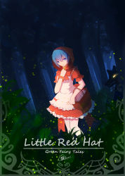 Rule 34 | adjusting neckwear, basket, blue eyes, blue hair, bush, chinese commentary, commentary request, cosplay, cowboy shot, dress, english text, forest, frilled dress, frills, glowing, glowing eyes, hand on own chest, hatsune miku, highres, holding, holding basket, hooded dress, light particles, little red riding hood, little red riding hood (grimm), little red riding hood (grimm) (cosplay), looking to the side, mikuzukin (module), nature, neck ribbon, parted lips, project diva (series), red dress, red hood, red ribbon, ribbon, shimmer, signature, silhouette, tree, vocaloid, white dress, white legwear, wolf, wristband