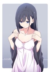 Rule 34 | 1girl, black hair, blue eyes, breasts, cleavage, closed mouth, collarbone, commentary request, dated, dress, grey background, highres, long hair, looking down, medium breasts, monai-chan (nii manabu), nii manabu, original, signature, sleeveless, sleeveless dress, solo, two-tone background, white dress