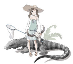 Rule 34 | 1girl, animal, animal skull, bare shoulders, bone, brown eyes, brown hair, claws, dress, hat, long hair, looking at viewer, net, original, plant, popman3580, reptile, ribbon, sandals, simple background, skull, solo, straw hat, tail, twintails, white background