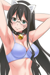 Rule 34 | 10s, 1girl, animal ears, armpits, arms up, bell, blue bra, blue eyes, blush, bra, breasts, cat ears, cleavage, collar, facepaint, facial mark, fake animal ears, glasses, kantai collection, long hair, looking at viewer, medium breasts, neck bell, ooyodo (kancolle), simple background, smile, solo, underwear, whisker markings, white background, youkan
