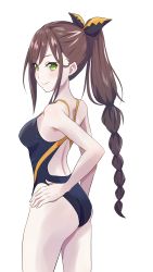 Rule 34 | 1girl, absurdres, ass, brown hair, camui1104, competition swimsuit, green eyes, hand on own hip, highres, long hair, looking at viewer, multi-tied hair, multicolored clothes, multicolored swimsuit, one-piece swimsuit, ponytail, re:zero kara hajimeru isekai seikatsu, shaula (re:zero), simple background, solo, standing, swimsuit, white background