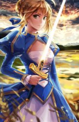 Rule 34 | artoria pendragon (all), artoria pendragon (fate), blonde hair, dress, fate/stay night, fate (series), glowing, glowing sword, glowing weapon, green eyes, juliet sleeves, long sleeves, ofskysociety, puffy sleeves, ribbon, saber (fate), solo, sword, weapon