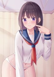 Rule 34 | 1girl, blouse, blue eyes, blue sailor collar, blush, breasts, chakku illust, collarbone, commentary request, curtains, highres, long hair, looking at viewer, medium breasts, midriff, neckerchief, original, panties, pointing, pointing at self, red neckerchief, sailor collar, school uniform, serafuku, shirt, sidelocks, smile, solo, underwear, white shirt