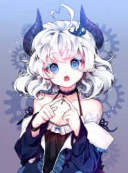 Rule 34 | 1girl, ahoge, bad id, bad pixiv id, bare shoulders, black nails, black shirt, blue eyes, blue jacket, breasts, cleavage, collarbone, commentary request, cross, demon girl, demon horns, earrings, harin 0, horns, jacket, jewelry, medium breasts, nail polish, open mouth, original, pointy ears, shirt, solo, tattoo, teeth, upper body, wavy hair, white hair