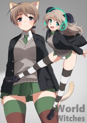 Rule 34 | 2girls, absurdres, animal ears, aqua eyes, black jacket, black legwear, black neckwear, black ribbon, blazer, blue eyes, brown hair, brown legwear, cat ears, cat tail, closed mouth, commentary, copyright name, dress shirt, english commentary, flying, gluteal fold, green legwear, green neckwear, green shirt, green skirt, grey vest, hair ribbon, headphones, highres, jacket, long hair, looking at viewer, luminous witches, lynette bishop, multicolored stripes, multiple girls, necktie, no pants, open mouth, panties, pleated skirt, ribbon, shirt, skirt, smile, standing, strike witches, striped clothes, striped legwear, striped thighhighs, tail, thighhighs, tricky 46, underwear, v-neck, vest, virginia robertson, white panties, white shirt, wind, wing collar, world witches series