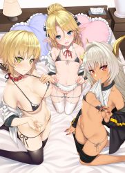 Rule 34 | 3girls, :d, aegis (takunomi), black legwear, blonde hair, blue eyes, blush, bra, bra lift, breasts, collar, commentary request, dark-skinned female, dark skin, detached collar, fingernails, from above, garter straps, green eyes, hair intakes, hair ribbon, hand on own chest, head tilt, heart, heart-shaped pillow, highres, indoors, iris (takunomi), kneeling, lifting own clothes, looking at viewer, medium breasts, mouth hold, multiple girls, nail polish, navel, nipples, off shoulder, on bed, open mouth, original, panties, panty pull, pillow, pointy ears, red eyes, ribbon, sharp fingernails, small breasts, smile, string bra, take your pick, takunomi, thighhighs, tissue box, underwear, ursula (takunomi), white hair, white legwear
