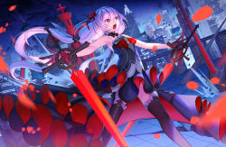 Rule 34 | 1girl, armpits, black thighhighs, blue eyes, breasts, choker, cityscape, crack, cracked floor, cross, dress, dual wielding, flamenco outfit, floating, floating hair, floating object, floating weapon, flower, frilled thighhighs, frills, gloves, glowing, hair between eyes, hair ornament, highres, holding, honkai (series), honkai impact 3rd, long hair, looking afar, low-tied long hair, luna kindred, mt (ringofive), night, night sky, open mouth, petals, rooftop, silver hair, sky, small breasts, solo, standing, star (sky), starry sky, strapless, strapless dress, theresa apocalypse, theresa apocalypse (luna kindred), thighhighs, very long hair, weapon, wind, wind lift