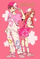 Rule 34 | 10s, 1boy, 1girl, :3, alternate costume, back, back-to-back, backwards hat, baseball cap, blush stickers, bodypaint, braid, brown eyes, brown hair, buckle, cherry blossoms, closed mouth, cross-laced footwear, dress, english text, eyebrows, eyelashes, floral print, food, full body, hair ornament, hair over shoulder, hair tie, hairclip, hand on headwear, hat, long hair, long sleeves, looking at viewer, matsuno todomatsu, osomatsu-kun, osomatsu-san, overalls, own hands together, pants, petals, pink background, pink shirt, pink theme, pocky, sakura418, shirt, shoes, short sleeves, sneakers, spring (season), standing, strap slip, swept bangs, t-shirt, todoko (osomatsu-san), twin braids, twintails, white shirt